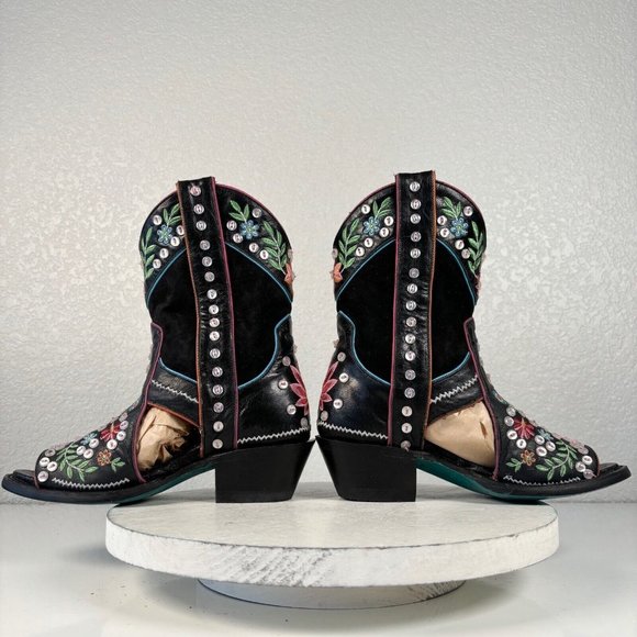 NEW Lane Cactus Button Black Cowboy Bootie 6 Fringe Suede Western Ankle Boots - Picture 7 of 9